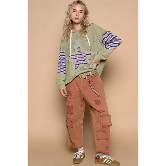 POL Star Patch Oversized Hoodie in Olive Mineral Wash - Picture 3 of 5